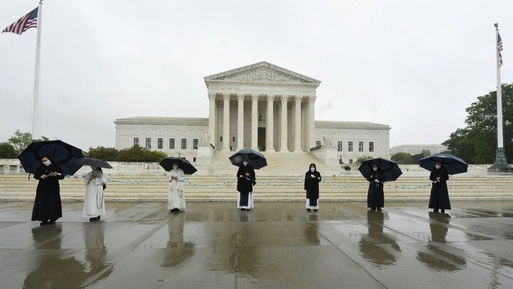 Some members of the Little Sisters of the Poor Congregation in front of the U.S. Supreme Court building in Washington
