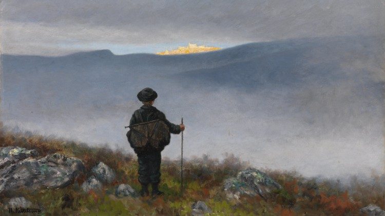 Pellegrino in montagna verso paradiso (Theodor Kittelsen)