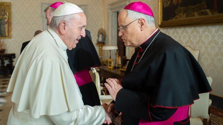 Bishop Andrew Bellisario with Pope Francis on his ad limina visit, February 2020
