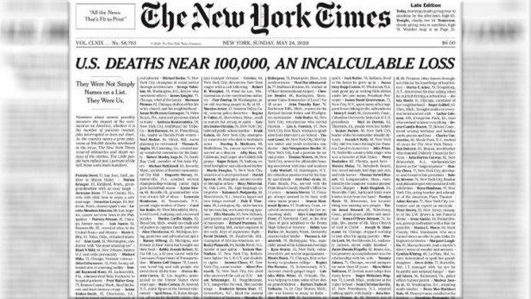 La Une hommage du New York Times, dimanche 24 mai 2020.