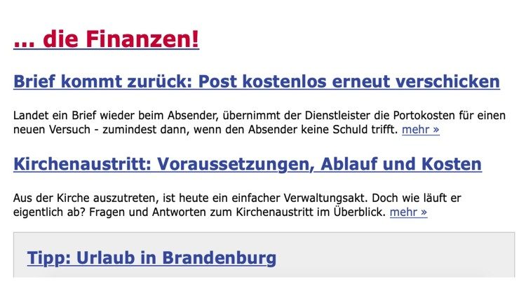 Screenshot des Portals "berlin.de", Rubrik "Wochenendtipps... Endlich Zeit für..." , vom 21.05.2020
