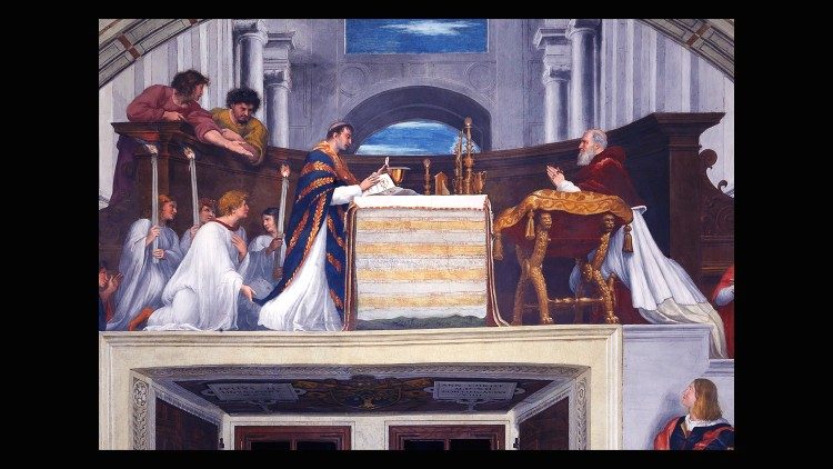Raphael Sanzio (1483-1520); The Mass at Bolsena; fresco; 1512-14; Vatican Museums; Vatican Apostolic Palace; Raphael Rooms, Room of Heliodorus, © Musei Vaticani