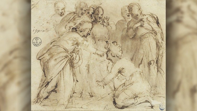 Escola de Rafael, Cura de um cego de nascença, início do século XVI. Setor de desenhos e gravuras da Galleria degli Uffizi