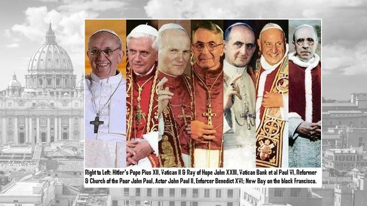 Papst Franziskus, Benedikt XVI., Johannes Paul II., Johannes Paul I., Paul VI;Johannes XIII und Pius XII. 