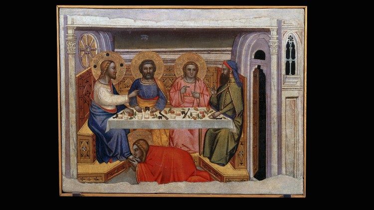 Cenni di Francesco, La cena a casa del Fariseo , Scomparto di predella con Storie di Maria Maddalena, Pinacoteca Vaticana.© Musei Vaticani
