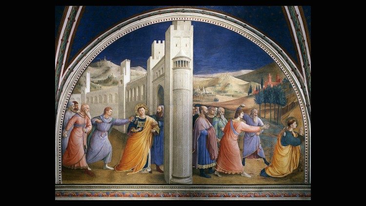 Fra Giovanni da Fiesole known as Fra Angelico (1395-1455), Capture and Stoning of Saint Stephen, lunette of the upper portion of the Stories of Saint Stephen and Saint Lawrence, fresco, 1448-1449, Vatican Apostolic Palace, Niccoline Chapel (Pope Nicholas V 1447-1455. © Musei Vaticani