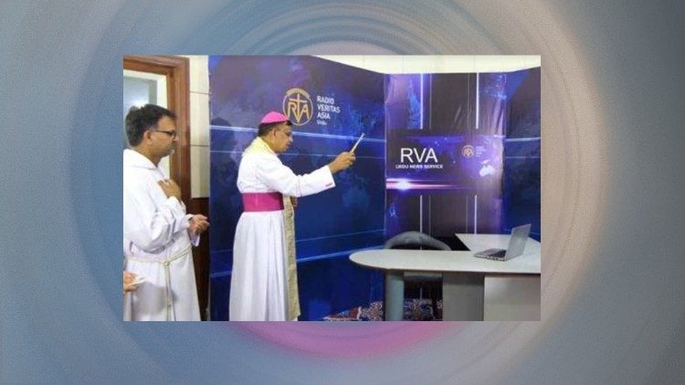 Archbishop Joseph Arshad blessing the newsroom of Radio Veritas Asia (RVA) Urdu service