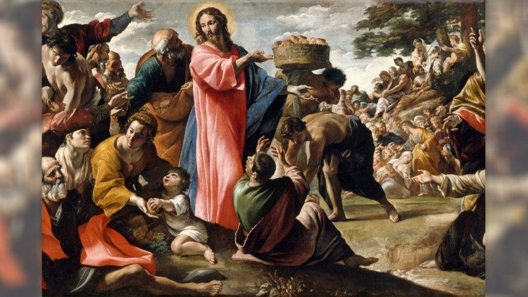 Representação do episódio evangélico da multiplicação dos pães e dos peixes realizada por Jesus