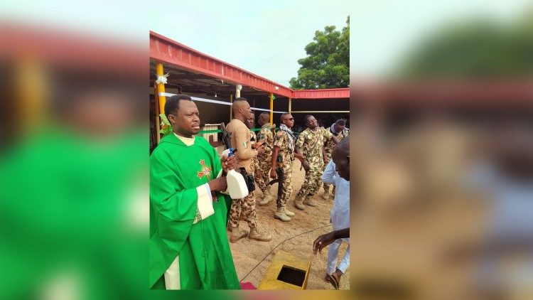 Nigerian military at Sunday's Madagali Mass, over the weekend
