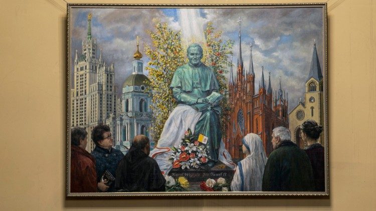 Картина "Папа Йоан Павел ІІ в Москва", намираща се в католичесата катедрала в руската столица