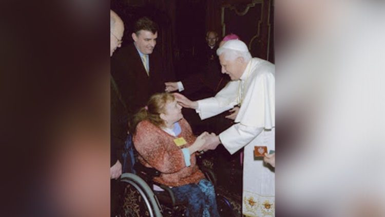 Alison, accompanied by Dr Colin Harte, receives a blessing from Pope Benedict XVI, 25 February 2008
