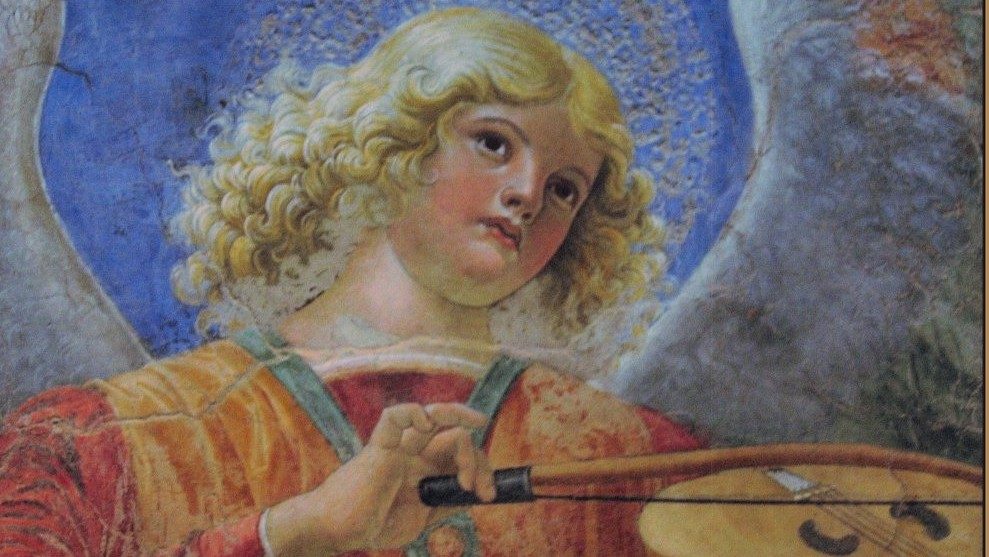 Ange musicien de la fresque du peintre italien Melozzo da Forlì (1472). 
