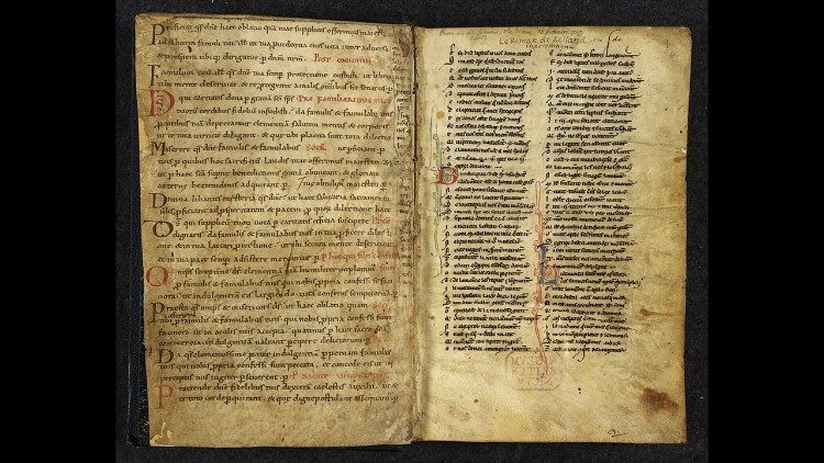 13 amžiaus sakramentarijus, Prancūzija. Puslapis kairėje - iš 11 amžiaus rankraščio. British Library
