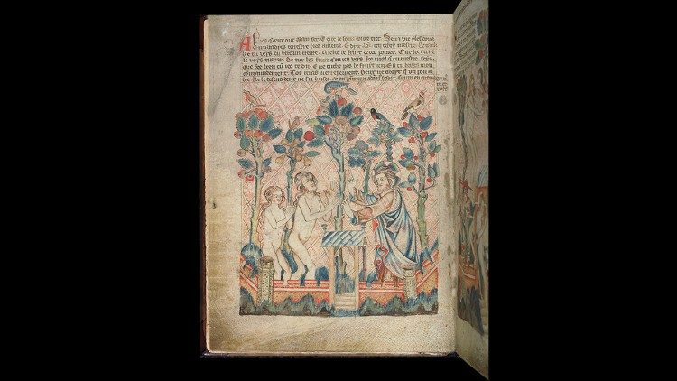 Ieva, Adomas ir rojaus sodas. Holkhamo Biblija. 14 amžiaus pirma pusė. British Library