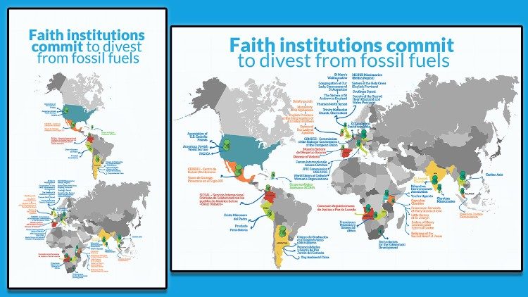 Infographic map of faith institutions committed to divesting from fossil fuels