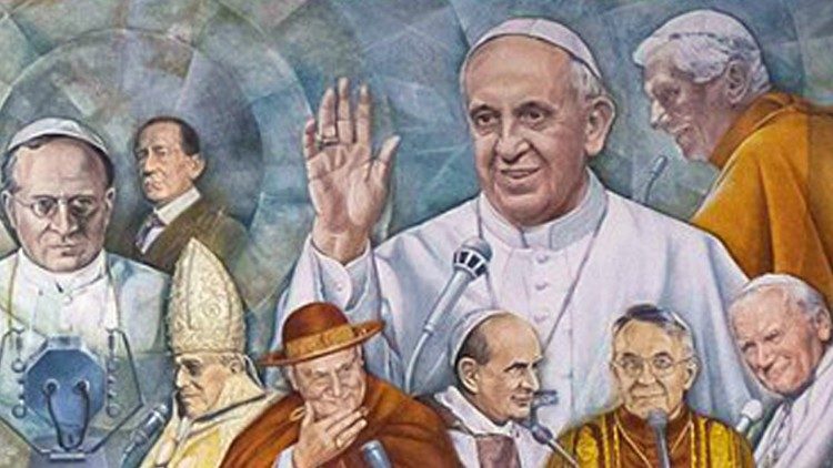 Sala Marconi de la Radio Vatican: pictură cu pontifii de la Pius al XI-lea la Francisc.