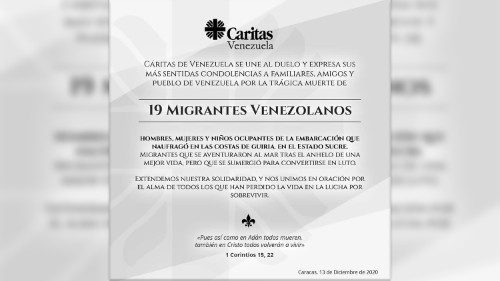 Caritas Venezuela. Duelo por los 19 migrantes venezolanos náufragos en el Mar Caribe