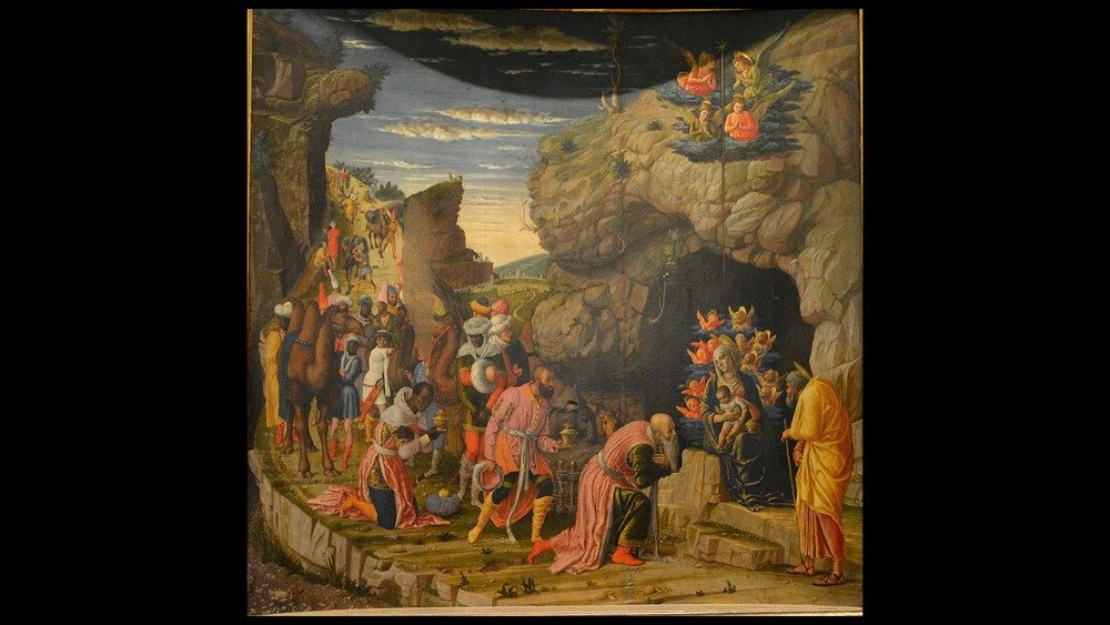 Andrea Mantegna,  Adhurimi i Mbretërve Dijetarë, tempera, 1463-64, Gallerie degli Uffizi, Firence