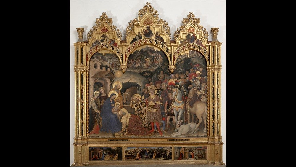    Gentile da Fabriano (Fabriano rreth 1370 – Roma 1427)  Adhurimi i Mbretërve Dijetarë, 1423,  Tempera me të kuqe vezësh në dru dhe pëlhurë liri, fletë ari dhe argjendi dhe llak transparent ose me ngjyra, Galeritë Uffizi, Galeria e Statujave dhe e Pikturave, Firence