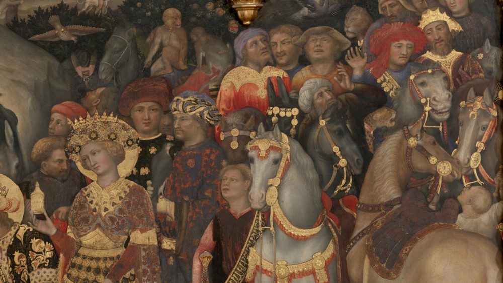 Gentile da Fabriano (Fabriano rreth 1370 – Roma 1427)  Adhurimi i Mbretërve Dijetarë, 1423,  Tempera me të kuqe vezësh në dru dhe pëlhurë liri, fletë ari dhe argjendi dhe llak transparent ose me ngjyra, Galeritë Uffizi, Galeria e Statujave dhe e Pikturave, Firence (detaj)
