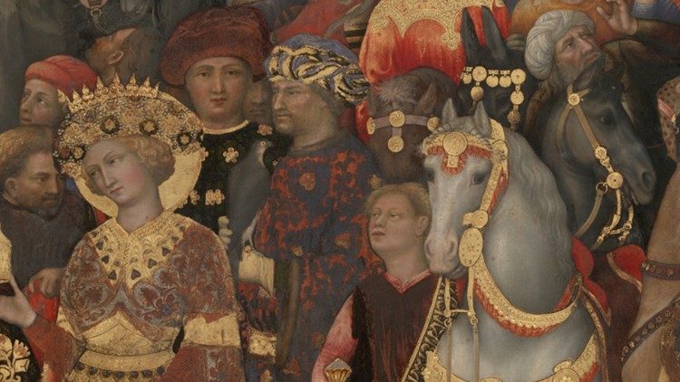 Detaj i Adhurimit të Mbretërve Dijetarë, pikturë e Gentile da Fabriano, që ruhet në Gallerie degli Uffizi, Firence