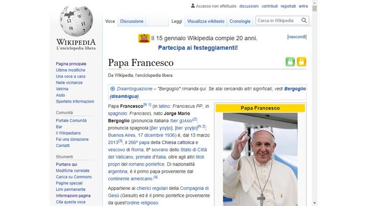 La pagina i n Italiano di Wikipedia su Papa Francesco