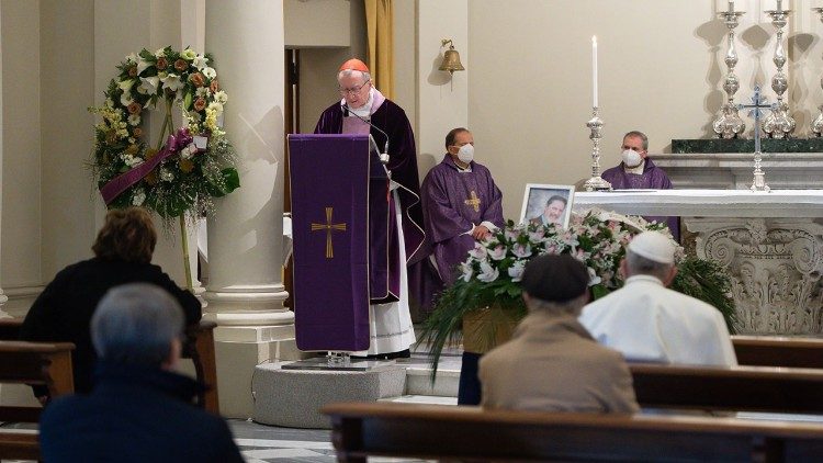 Pope Francis attends the funeral of Dr Fabrizio Soccorsi in the Vatican's Church of S. Maria Regina della Famiglia