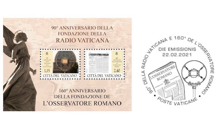  Foglietto e annullo postale speciale die emissionis 90 anniversario della fondazione di Radio Vaticana e 160 anniversario della fondazione de L'Osservatore Romano