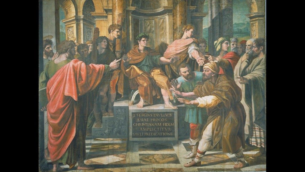 Raphael Cartoon, The Conversion of the Proconsul or The Blinding of Elymas (Acts 13: 6-12), by Raphael, 1515 C 16, Italy.   Royal Collection Trust / ? Her Majesty Queen Elizabeth II 2019  Photograph: Victoria & Albert Museum, London 