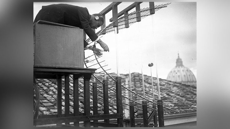 A technician at work on the Vatican Radio antennas - 1932