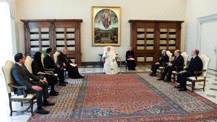 Pope Francis meeting a delegation from the European Institute for International Studies (EIIS),  Feb. 12, 2021. 
