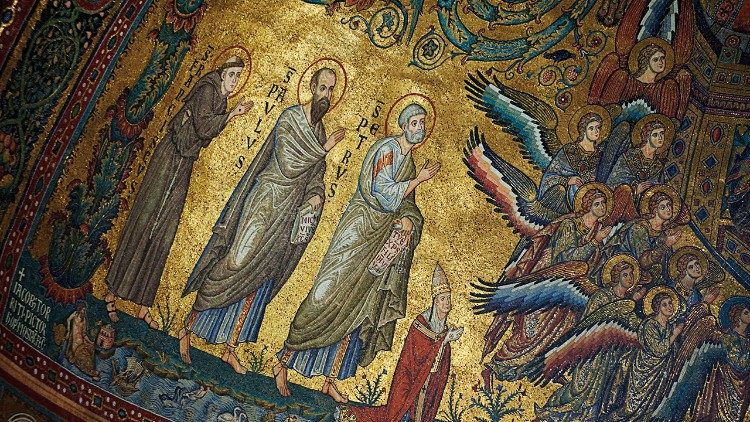 Particolare dell'abside: i santi Pietro, Paolo e Francesco con papa Niccolò IV