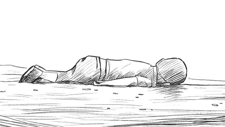Vizatimi, që paraqet Alan Kurdin në bregun e detit