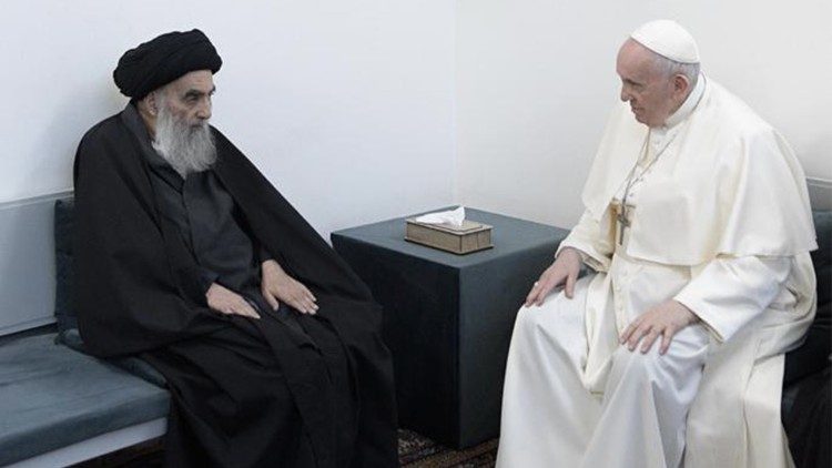 Ferenc pápa és Al-Sistani síita nagyajatollah Najafban