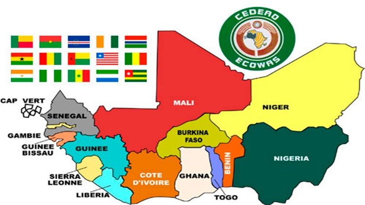 Mapa dos actuais países membros da CEDEAO