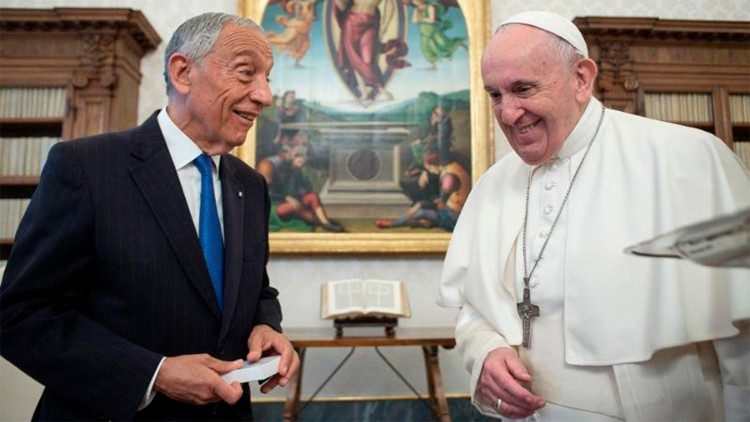 Pope Francis greets Marcelo Rebelo de Sousa, the President of Portugal