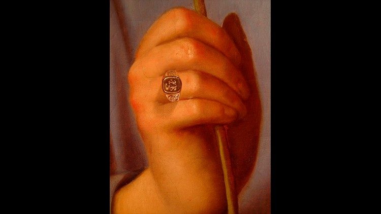  „Пръстенът на рибаря“ е поставен между пръстите на Свети Йосиф, нарисуван през 1899 г. от Франциска Бергмана 