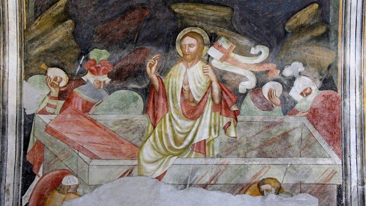 Исус възкръсва от гроба, фреска от църквата Сан Мартино ин Кампилио в Болцано, Италия.