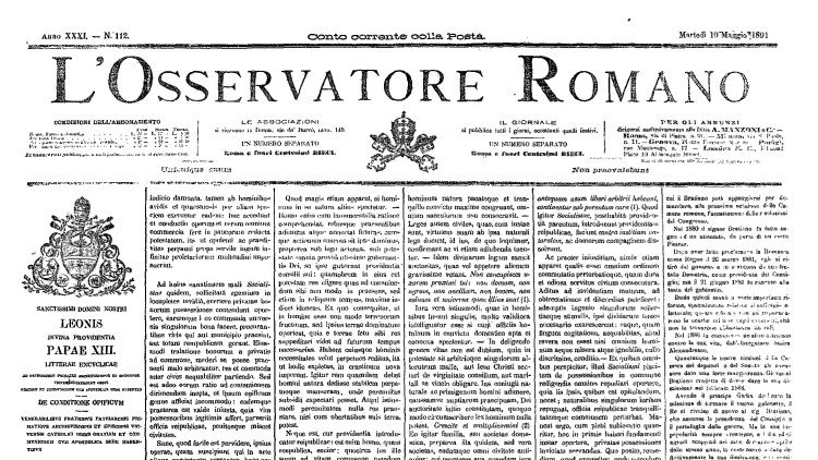 Prima pagina dell’Osservatore Romano dell'edizione del 19 maggio del 1891