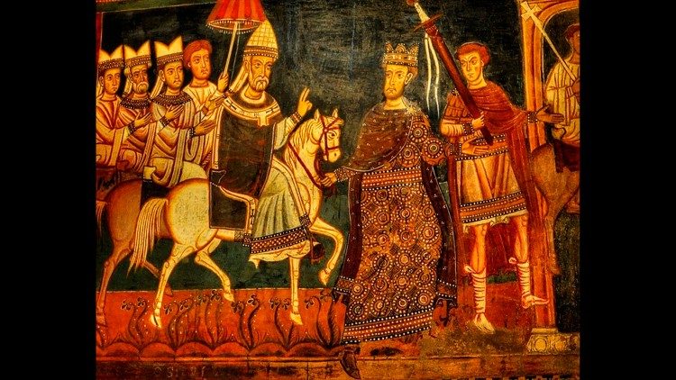 El Papa Silvestre entra a caballo a Roma, acompañado por el Emperador Constantino.