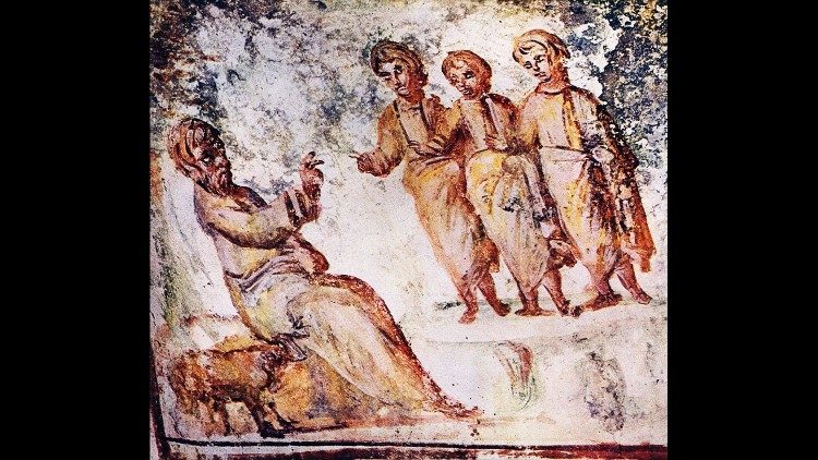 Anonimo, Abramo che riceve tre personaggi, IV secolo, affresco, Ipogeo di via Latina, Roma.