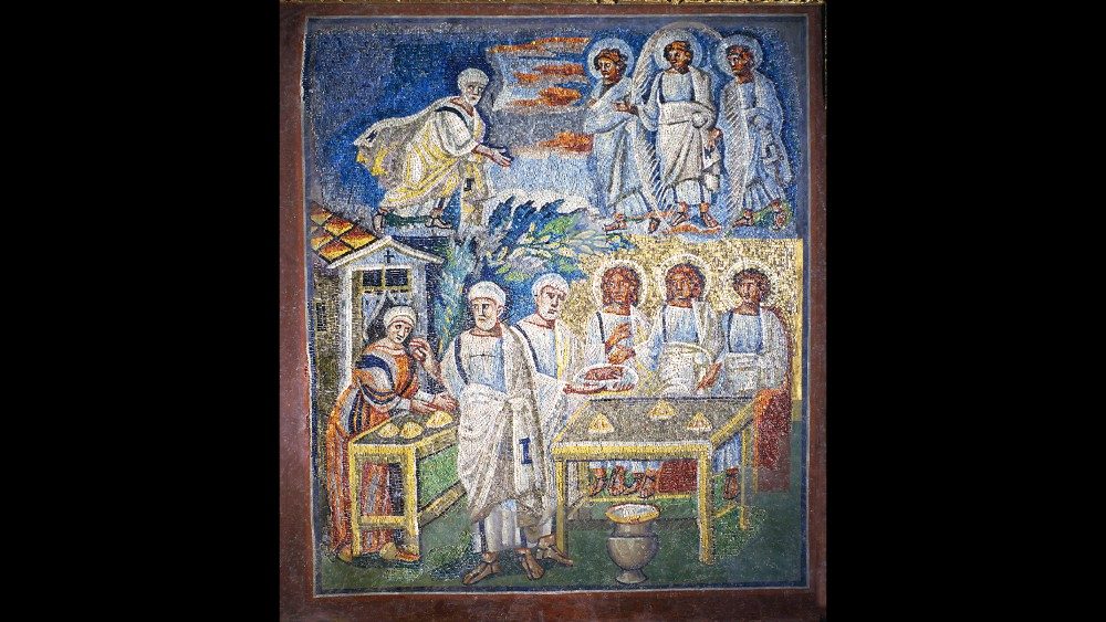 Abramo che accoglie i tre ospiti-angeli, 432-440, mosaico, Basilica di Santa Maria Maggiore, Roma