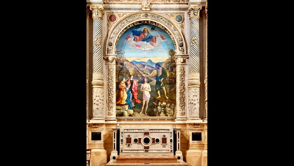 Giovanni Bellini, Battesimo di Cristo (dett.), 1500-1502, olio su tavola, Chiesa di Santa Corona, Vicenza.
