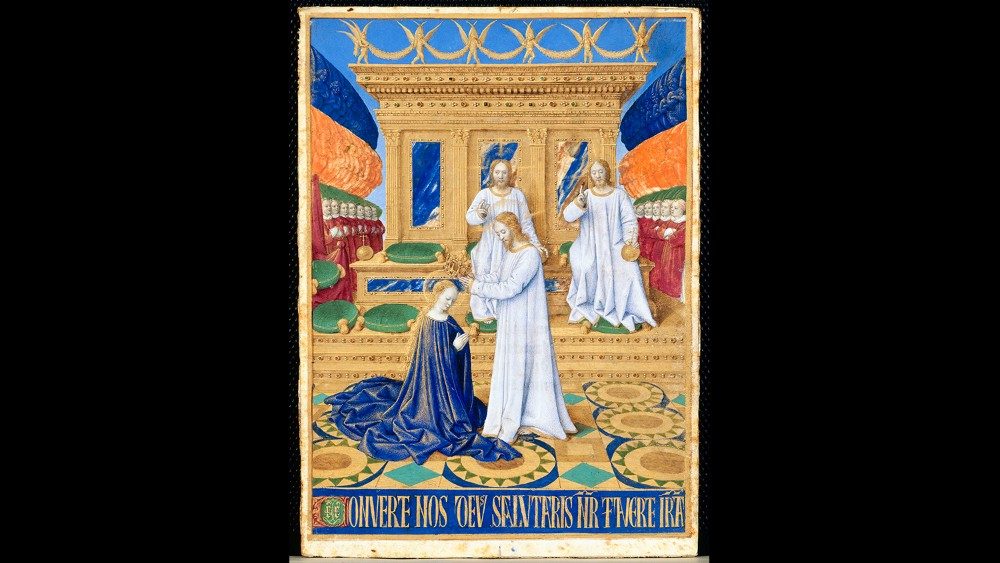 Jean Fouquet, Incoronazione di Maria, 1452-1460 ca., miniatura su pergamena in Le Livre d’Heures d’Étienne Chevalier, Ms71-folio13 recto, Musée Condé, Chantilly (Photo © RMN-Grand Palais (domaine de Chantilly) / René-Gabriel Ojéda).