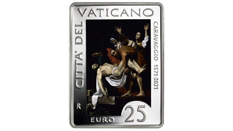 Rechteckige Vatikan-Münze aus Silber mit Caravaggio-Motiv