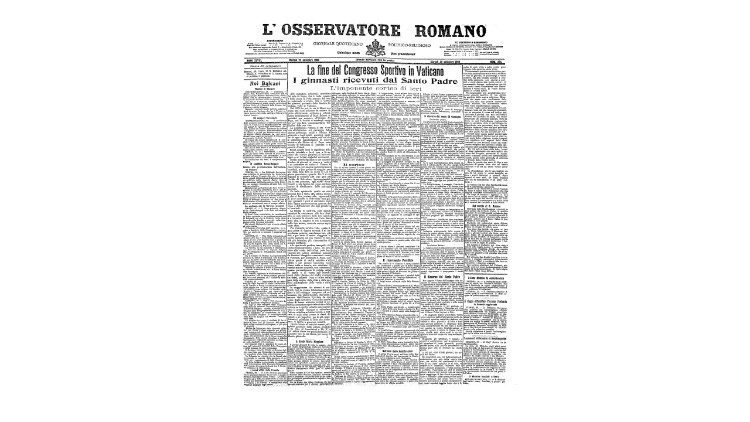 Prima pagina dell'Osservatore Romano del 29 settembre 1908 dedicata al "concorso ginnastico" organizzato in Vaticano e all'udienza di Papa Pio X ai ginnasti