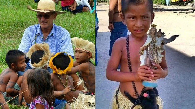 O Frei Marcos Juchem Júnior com os indígenas Munduruku