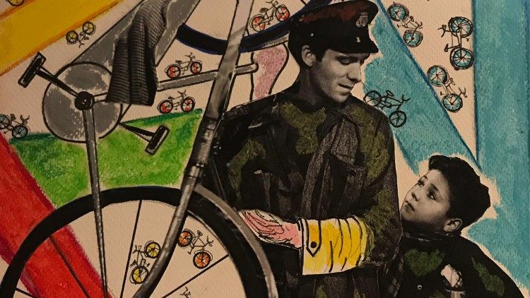 Dettaglio di un'opera di Walter Capriotti ispirata al film "Ladri di biciclette". Tecnica: collage e colori ad olio