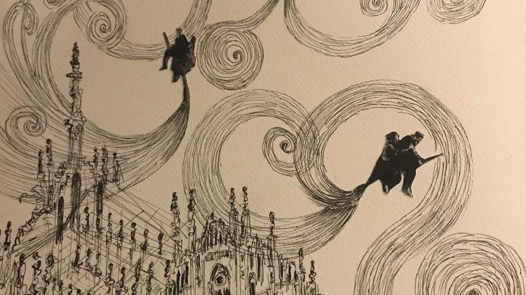 Dettaglio di un'opera di Walter Capriotti ispirata al film "Miracolo a Milano". Tecnica: collage e china nera