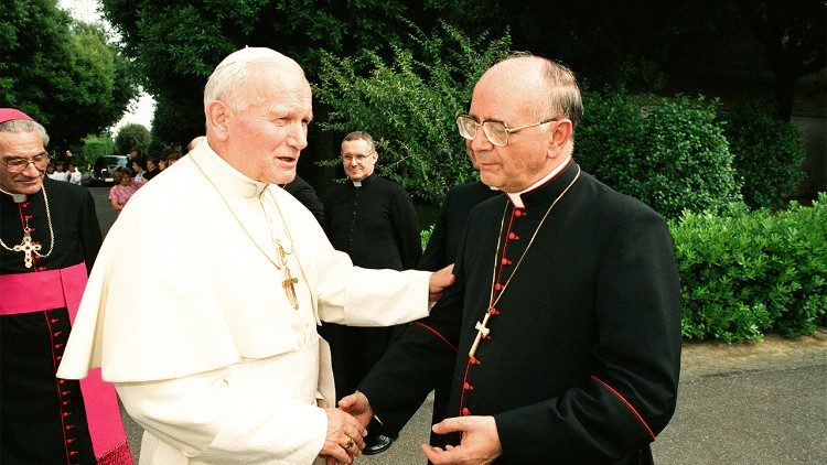 Cardinal Eduardo Martínez Somalo pictured here with Pope St. John Paul II